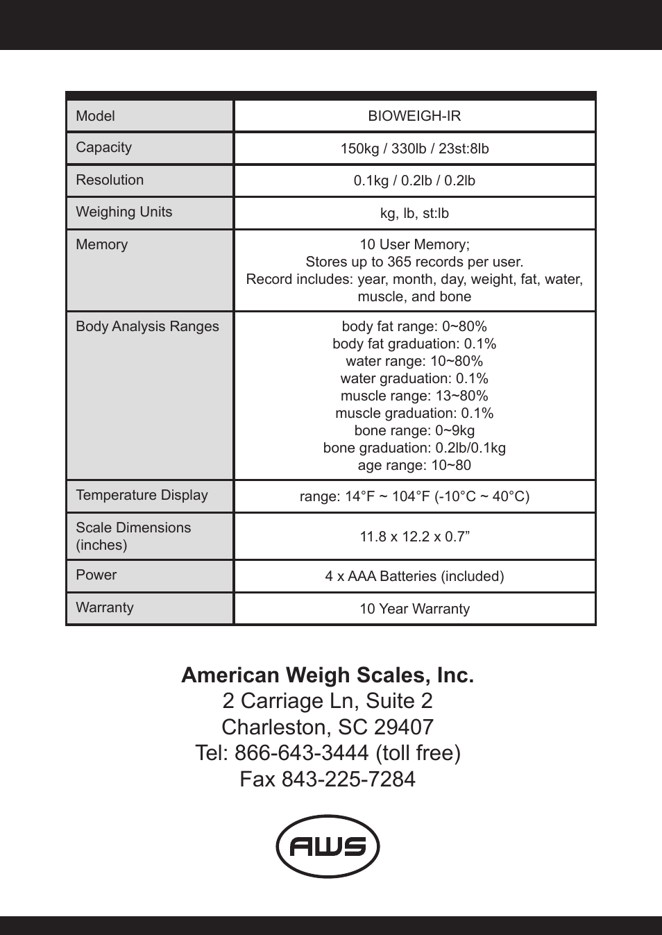 American Weigh Scales (AWS) BioWeigh-IR User Manual | Page 10 / 10