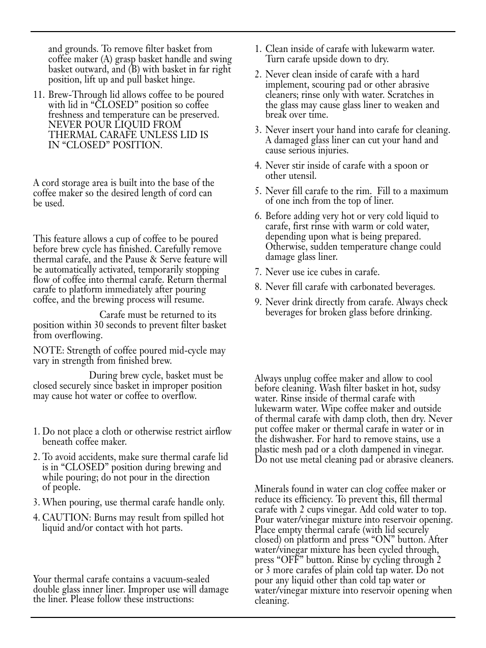 Cord storage, Pause & serve, Precautions | Thermal carafe precautions, Cleaning and maintenance | Cuisinart DTC-850 Series User Manual | Page 5 / 8