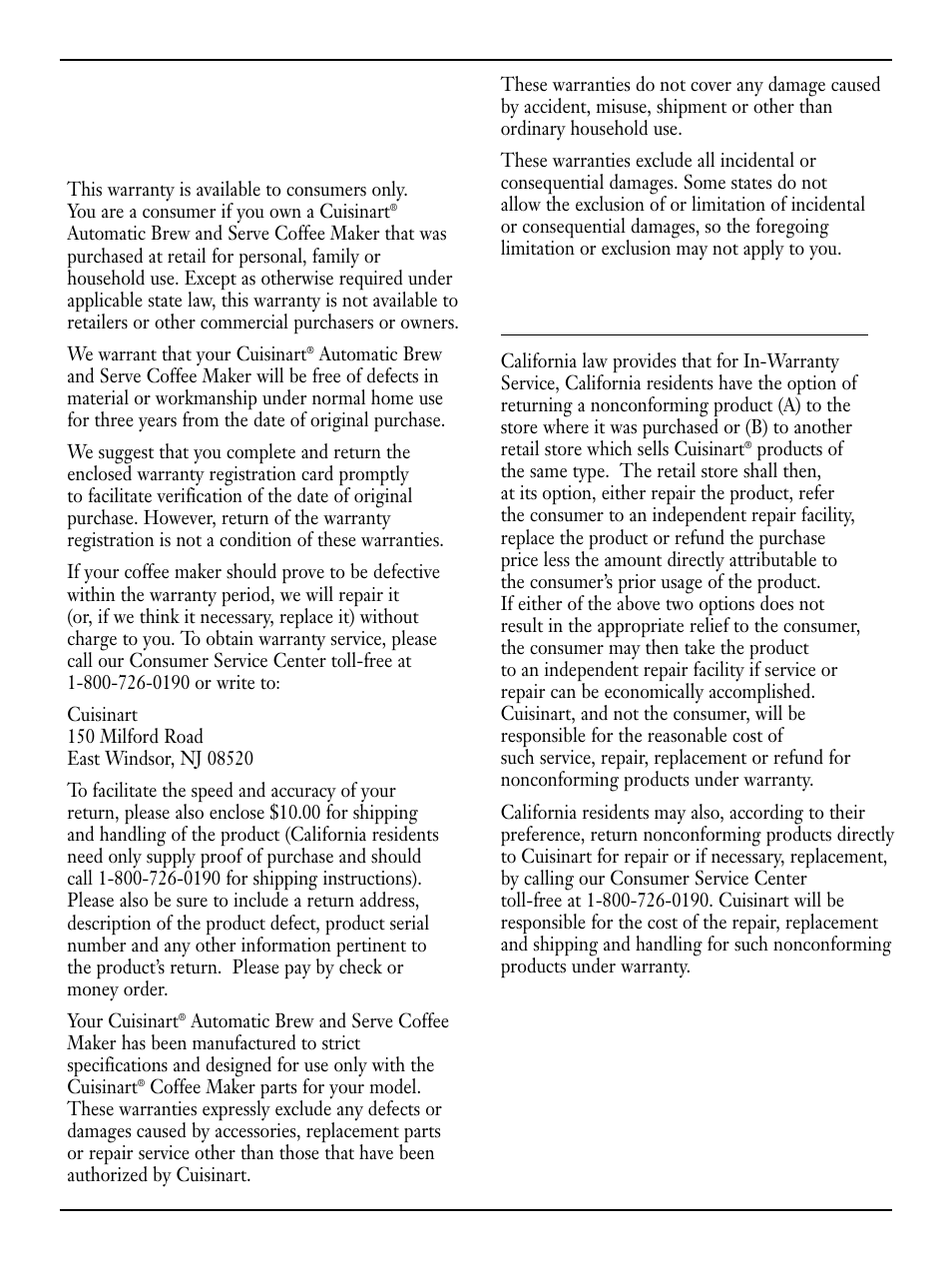 Warranty, Three year limited warranty, California residents only | Cuisinart DTC-850 Series User Manual | Page 7 / 8