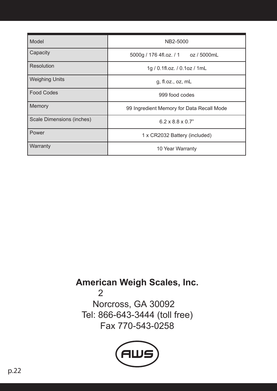 P.22 | American Weigh Scales (AWS) NB2-5000 User Manual | Page 22 / 22