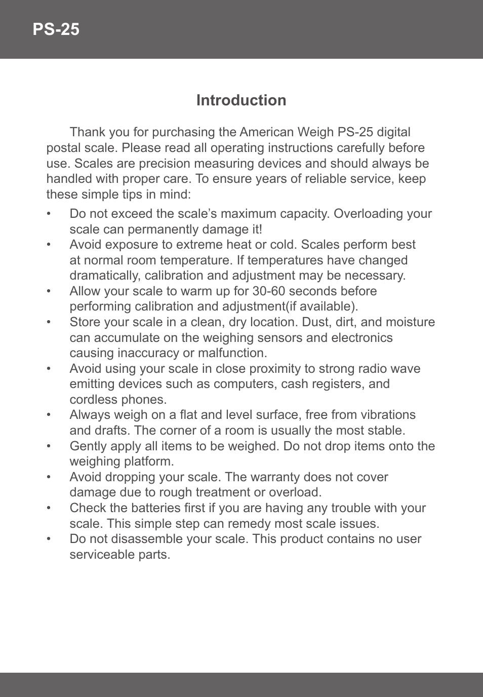 Ps-25, Introduction | American Weigh Scales (AWS) AMW PS-25 User Manual | Page 2 / 6