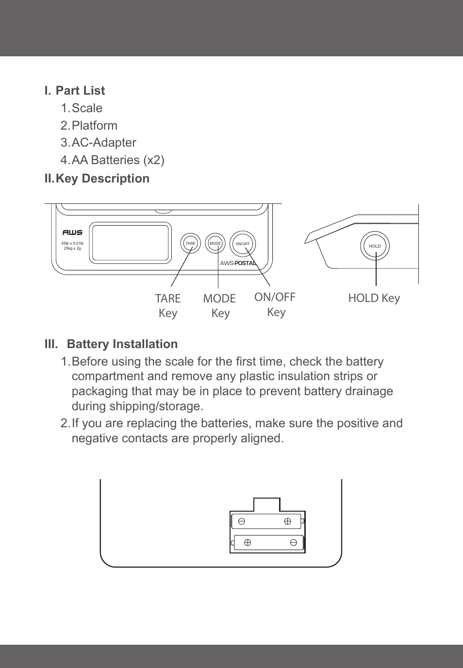 Tare key mode key on/off key hold key | American Weigh Scales (AWS) AMW PS-25 User Manual | Page 3 / 6
