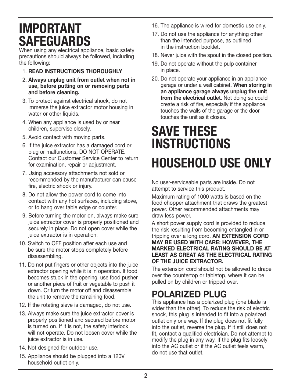 Important safeguards, Save these instructions household use only, Polarized plug | Cuisinart CJE-1000 User Manual | Page 2 / 10