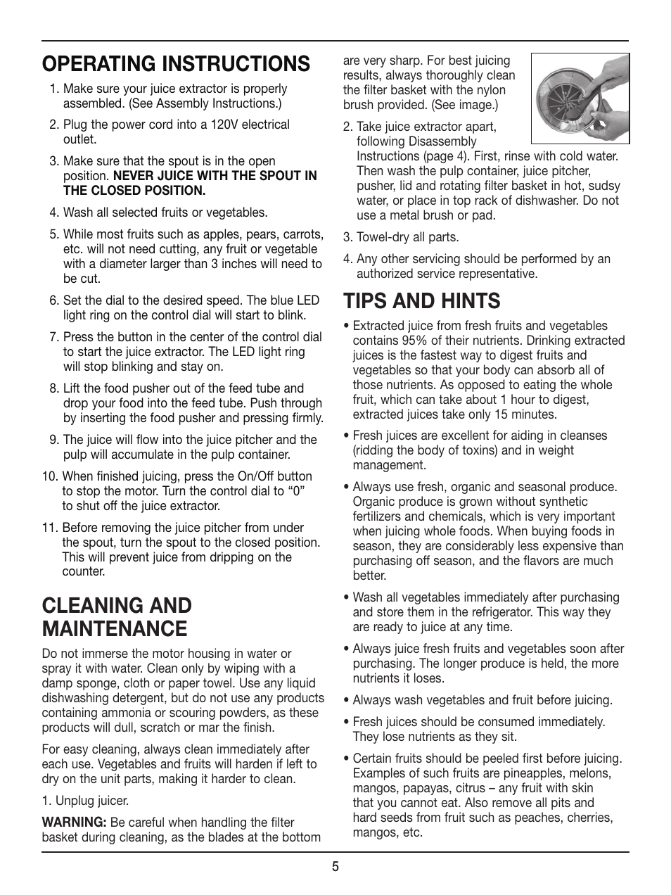 Operating instructions, Cleaning and maintenance, Tips and hints | Cuisinart CJE-1000 User Manual | Page 5 / 10
