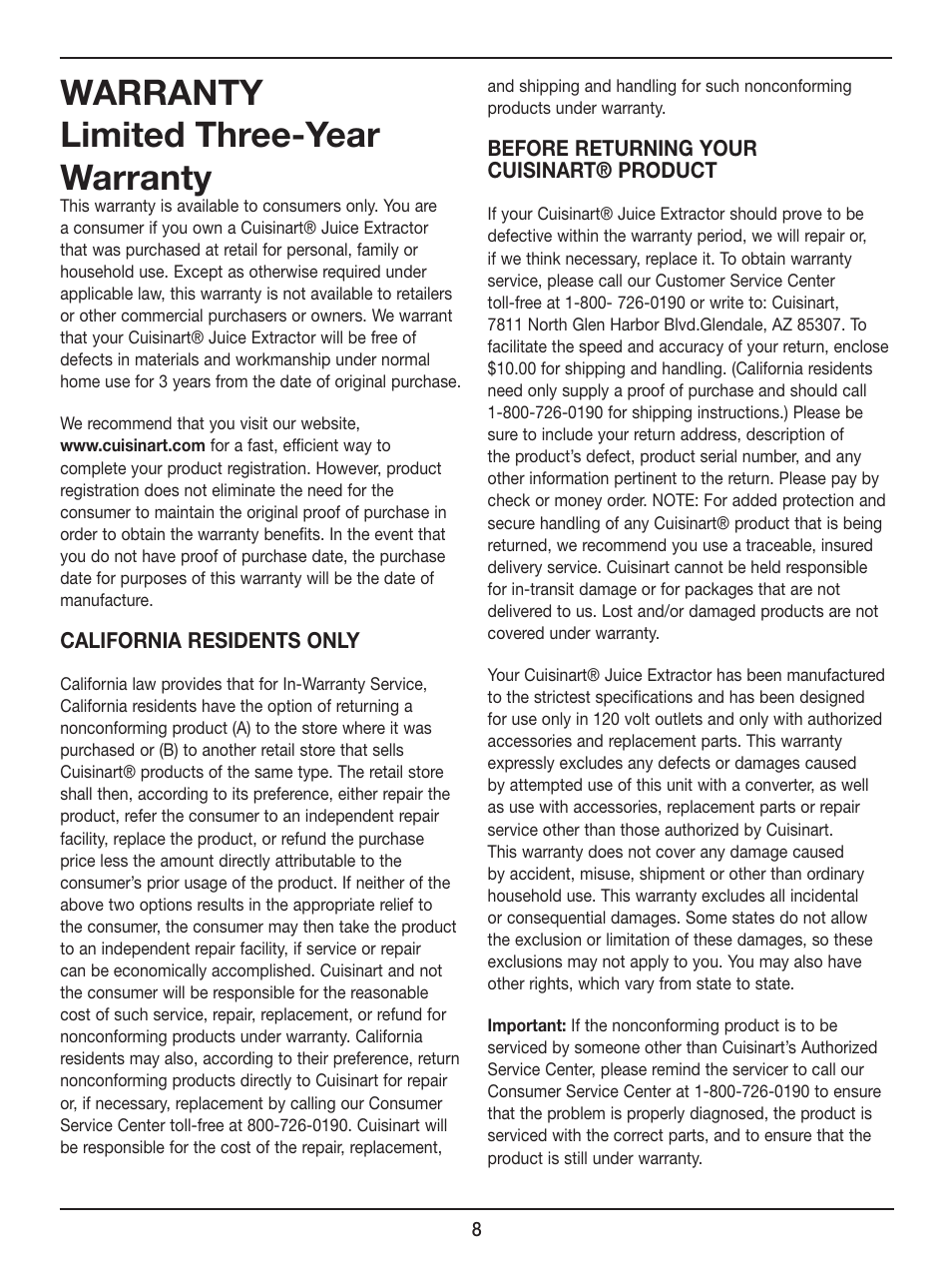 Warranty limited three-year warranty | Cuisinart CJE-1000 User Manual | Page 8 / 10
