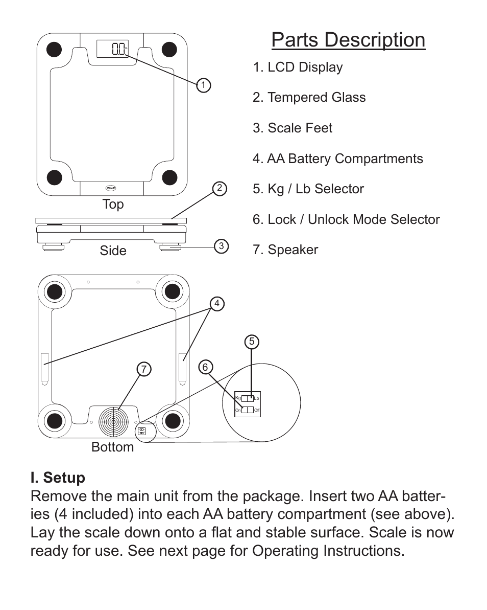 Parts description, Top side, Bottom | American Weigh Scales (AWS) AMW-440T User Manual | Page 3 / 4