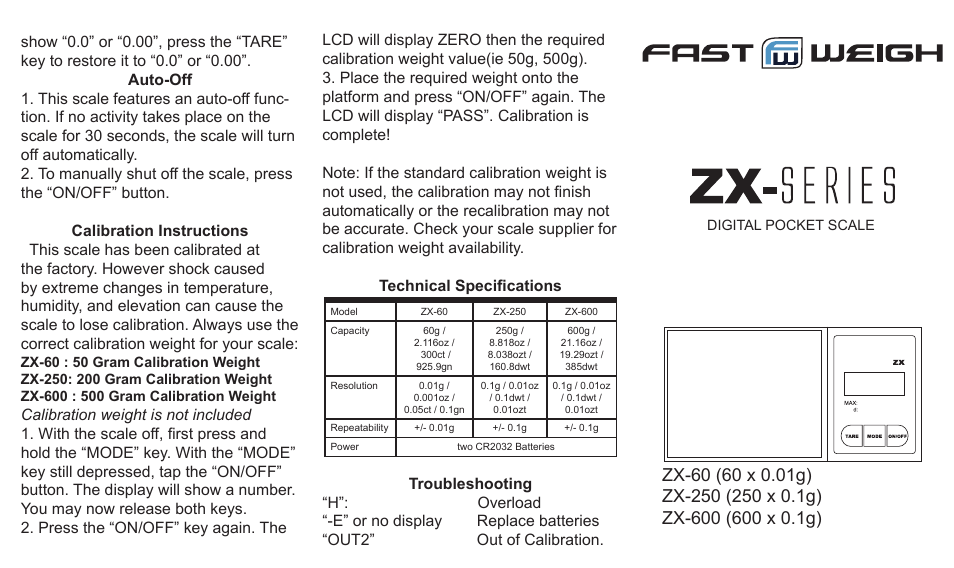 American Weigh Scales (AWS) ZX-600 User Manual | 2 pages