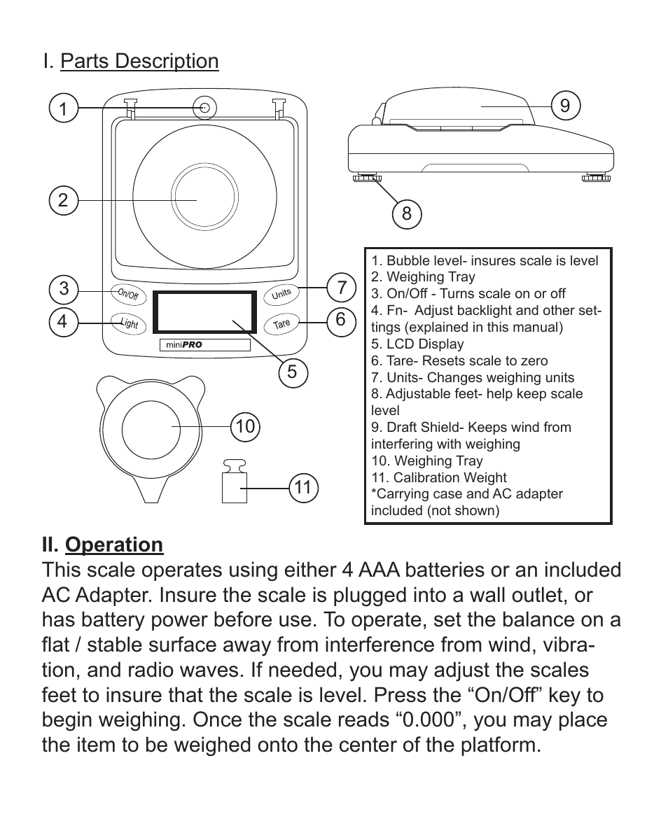 I. parts description | American Weigh Scales (AWS) Mini-Pro-30 User Manual | Page 3 / 6