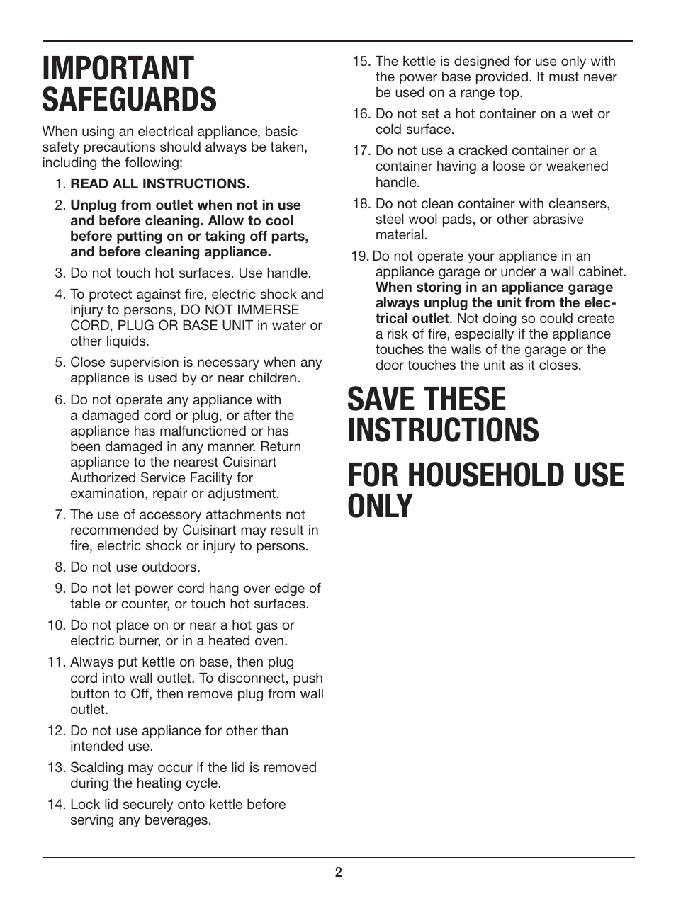 Important safeguards, Save these instructions for household use only | Cuisinart Cordless Electric Kettle DK-17 User Manual | Page 2 / 9