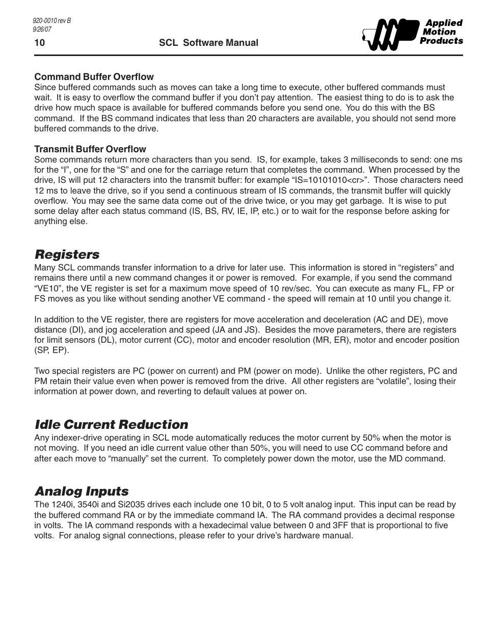 Registers, Idle current reduction, Analog inputs | Registers idle current reduction analog inputs | Applied Motion 1240i User Manual | Page 10 / 23
