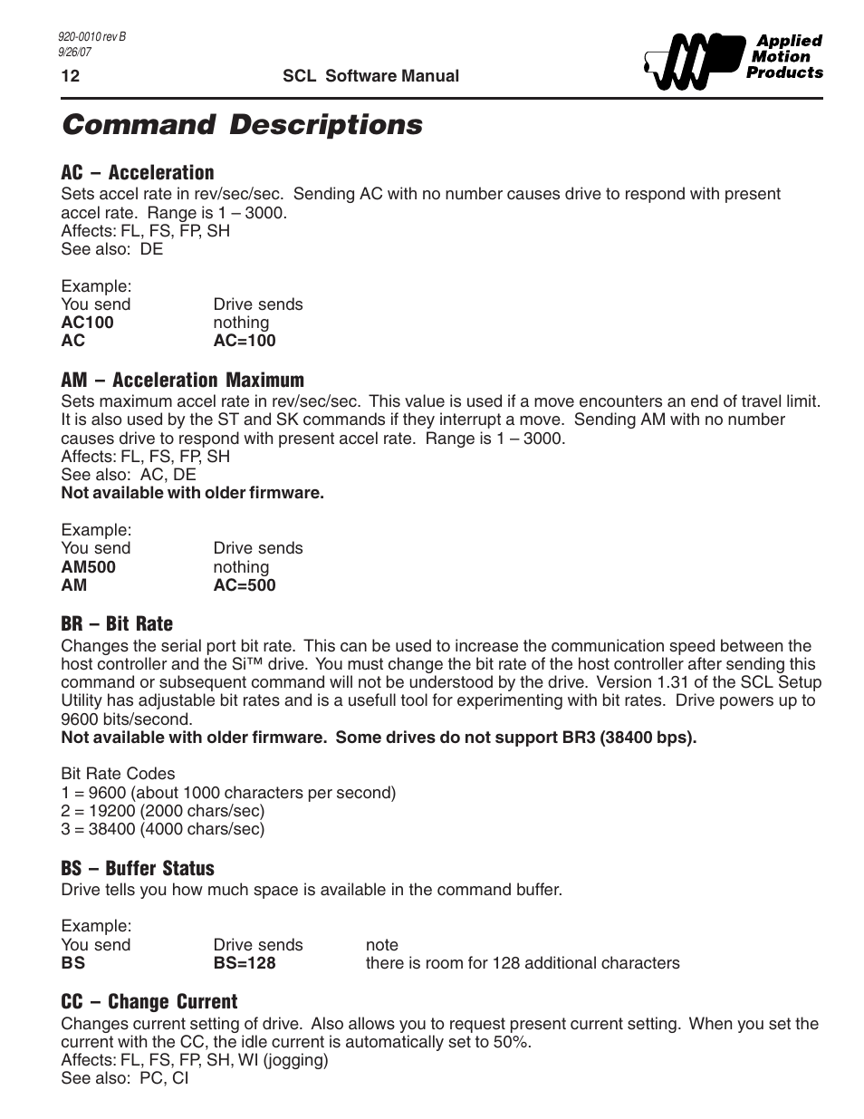 Command descriptions, Ac - acceleration, Am - acceleration maximum | Br - bit rate, Bs - buffer status, Cc - change current | Applied Motion 1240i User Manual | Page 12 / 23