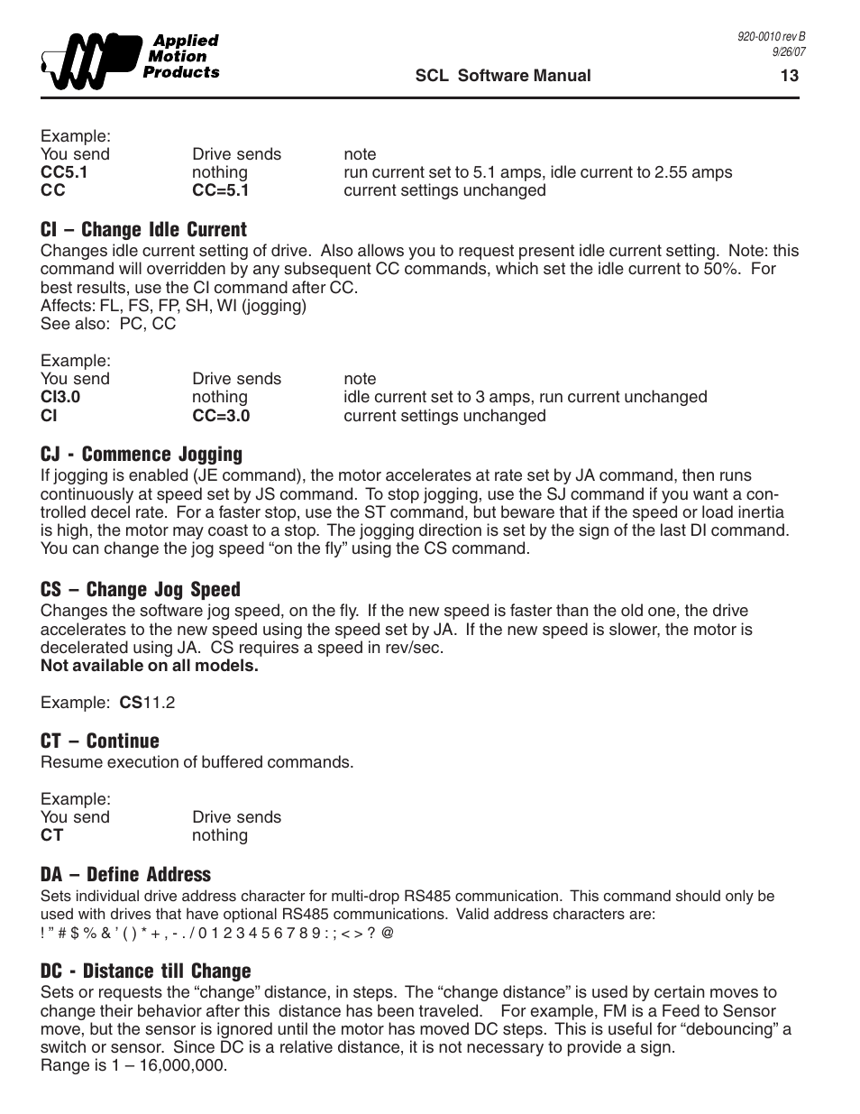 Ci - change idle current, Cj - commence jogging, Cs - change jog speed | Ct - continue, Da - define address, Dc - distance till change | Applied Motion 1240i User Manual | Page 13 / 23