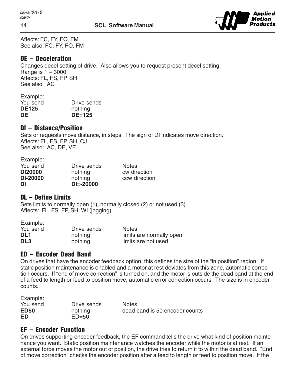 De - deceleration, Di - distance/position, Dl - define limits | Ed - encoder dead band, Ef - encoder function | Applied Motion 1240i User Manual | Page 14 / 23