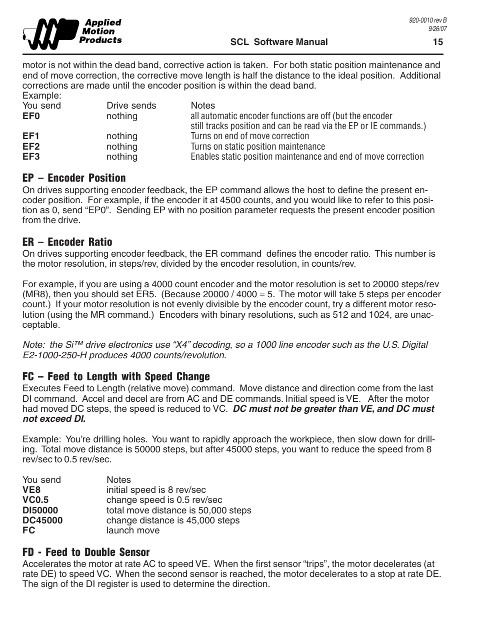 Ep - encoder position, Er - encoder ratio, Fc - feed to length with speed change | Fd - feed to double sensor | Applied Motion 1240i User Manual | Page 15 / 23