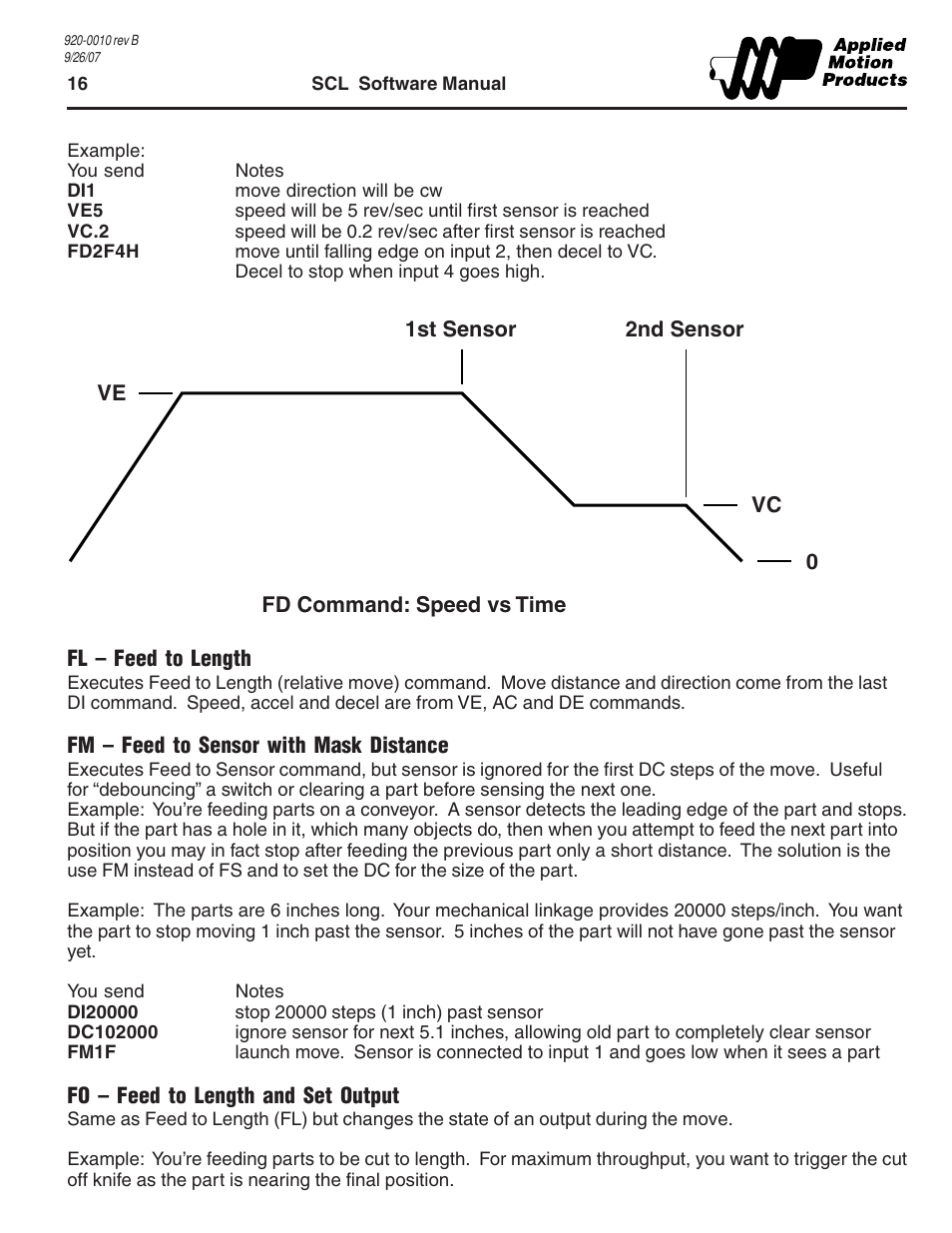 Fl - feed to length, Fm - feed to sensor with mask distance, Fo - feed to length and set output | Applied Motion 1240i User Manual | Page 16 / 23