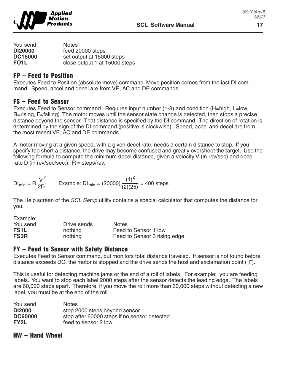 Fp - feed to position, Fs - feed to sensor, Fy - feed to sensor with safety distance | Hw - hand wheel | Applied Motion 1240i User Manual | Page 17 / 23