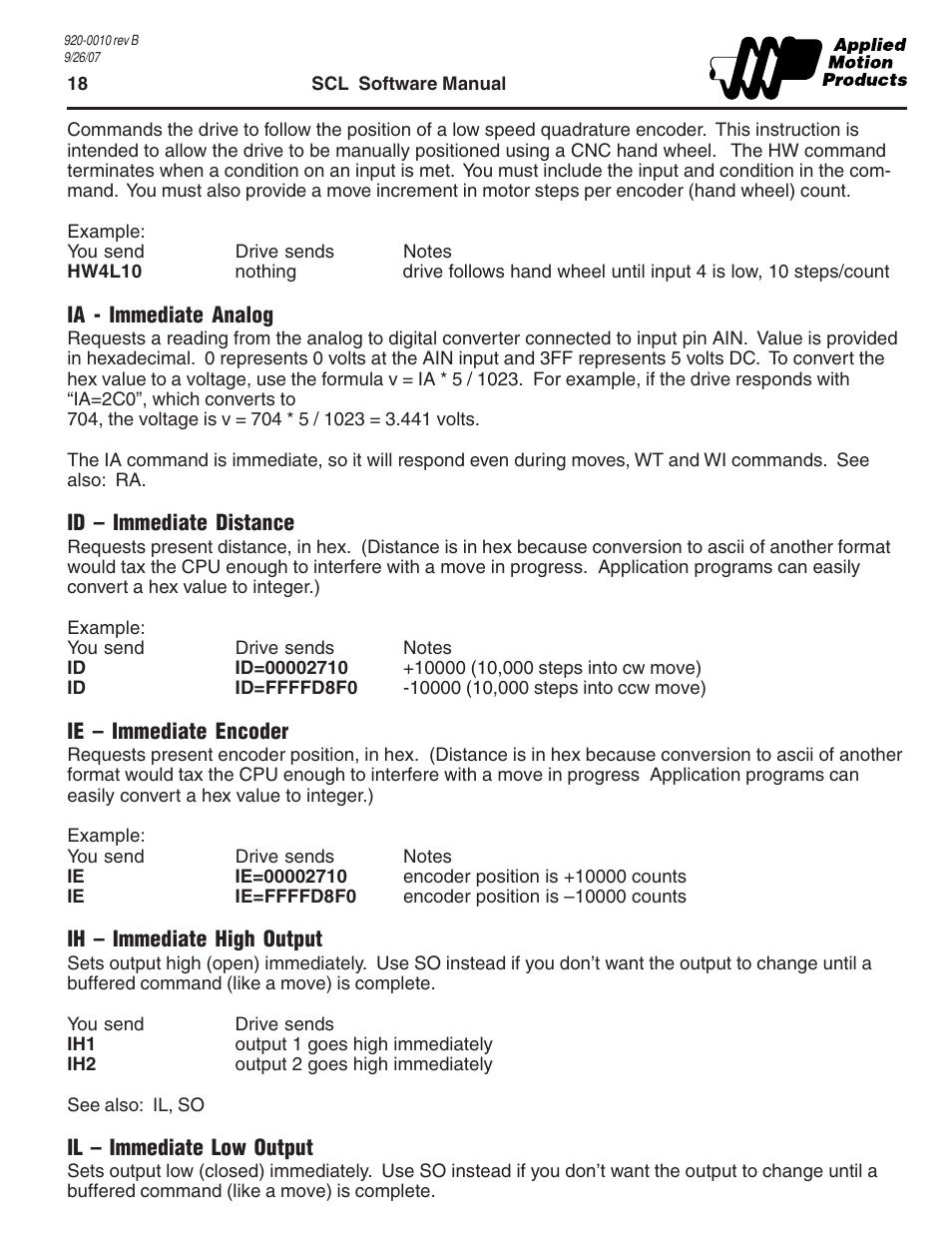 Ia - immediate analog, Id - immediate distance, Ie - immediate encoder | Ih - immediate high output, Il - immediate low output | Applied Motion 1240i User Manual | Page 18 / 23