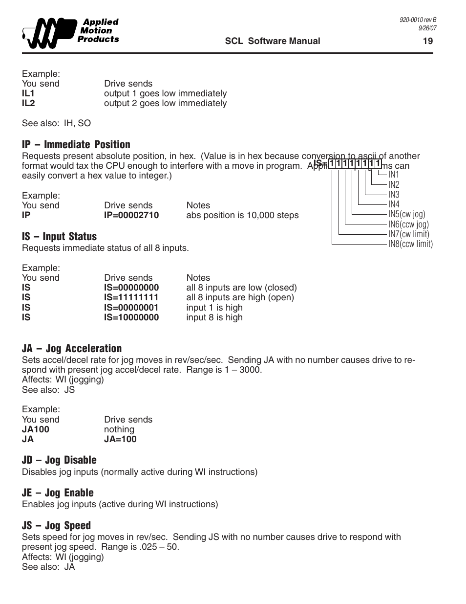 Ip - immediate position, Is - input status, Ja - jog acceleration | Jd - jog disable, Je - jog enable, Js - jog speed | Applied Motion 1240i User Manual | Page 19 / 23