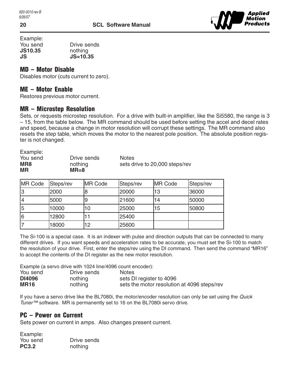 Md - motor disable, Me - motor enable, Mr - microstep resolution | Pc - power on current | Applied Motion 1240i User Manual | Page 20 / 23