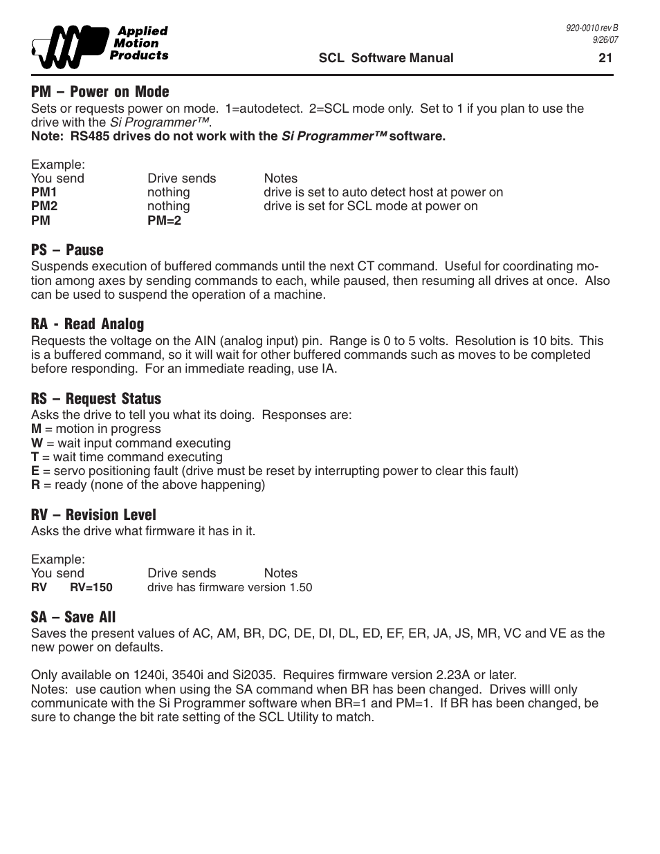 Pm - power on mode, Ps - pause, Ra - read analog | Rs - request status, Rv - revision level, Sa - save all | Applied Motion 1240i User Manual | Page 21 / 23