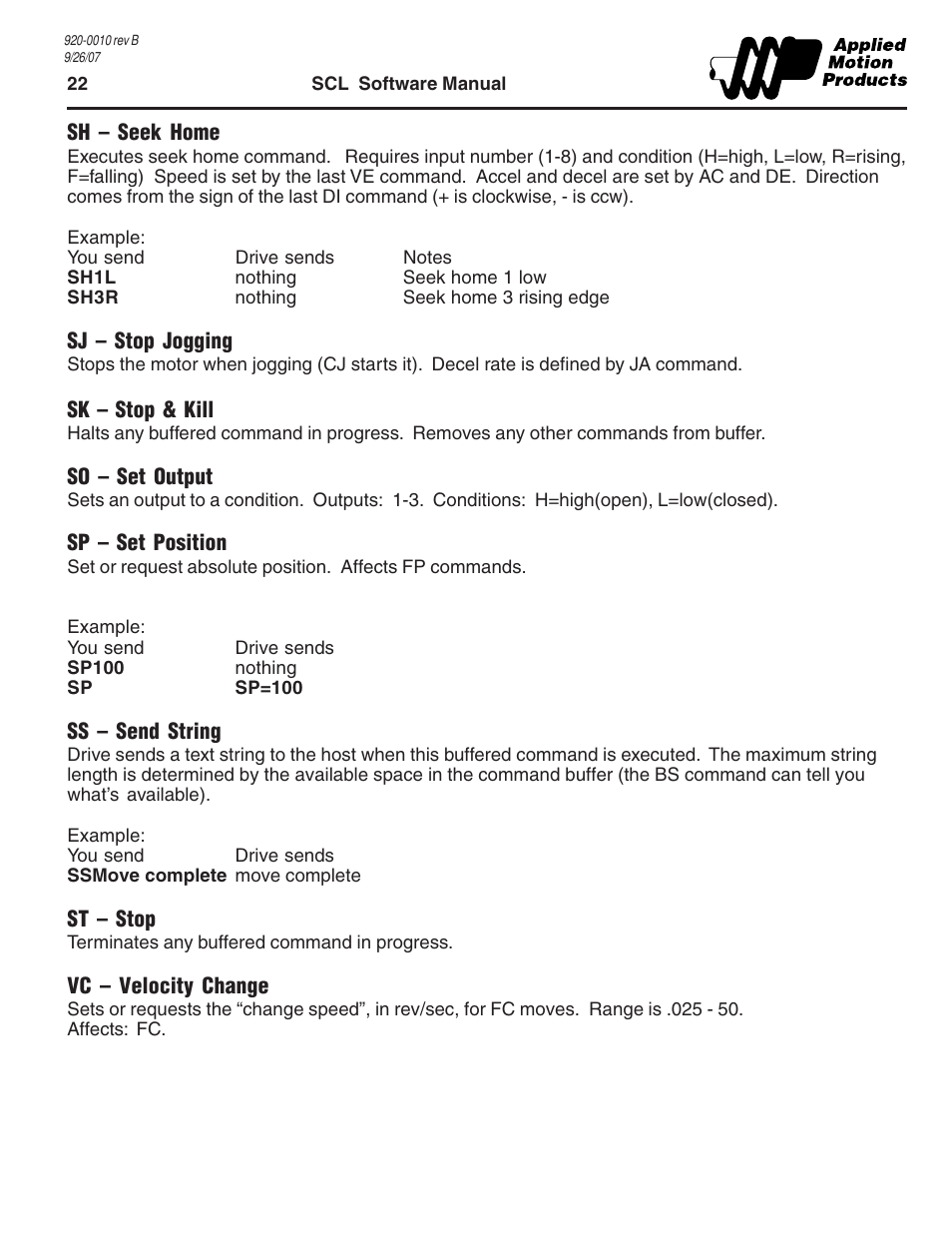 Sh - seek home, Sj - stop jogging, Sk - stop & kill | So - set output, Sp - set position, Ss - send string, St - stop, Vc - velocity change | Applied Motion 1240i User Manual | Page 22 / 23