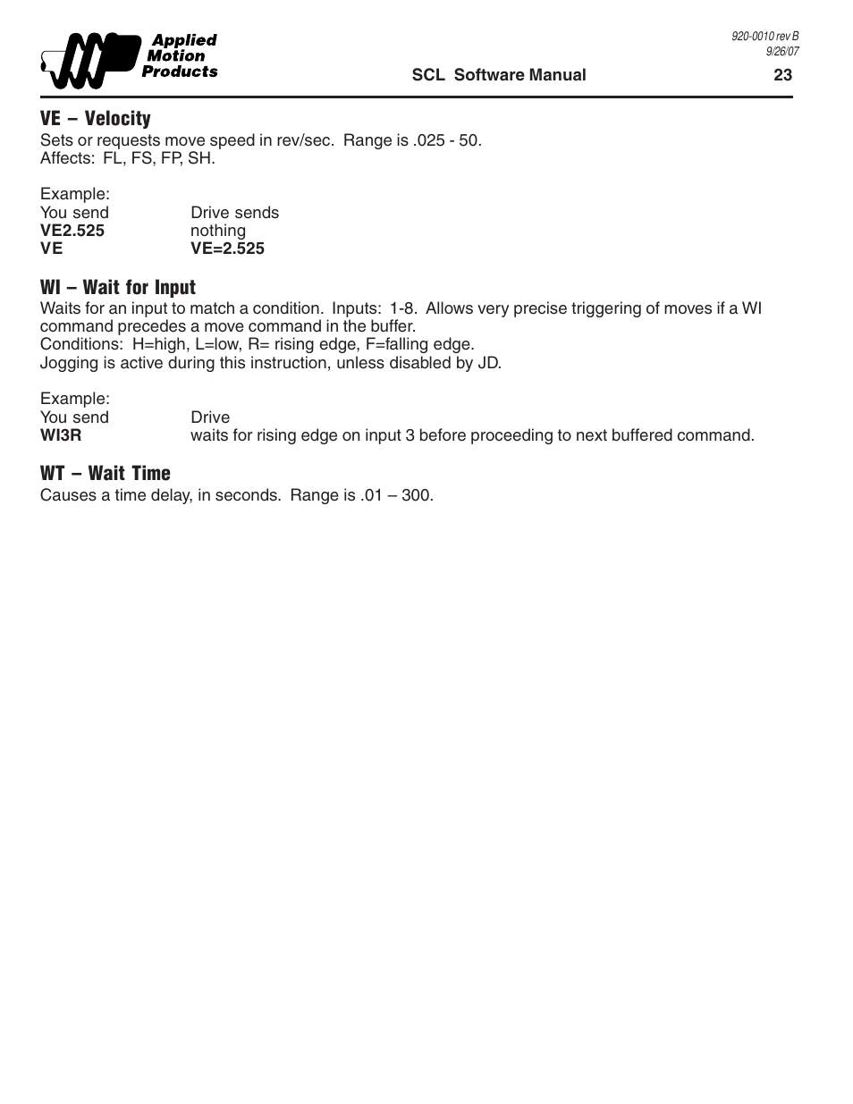 Ve - velocity, Wi - wait for input, Wt - wait time | Ve – velocity wi – wait for input wt – wait time | Applied Motion 1240i User Manual | Page 23 / 23