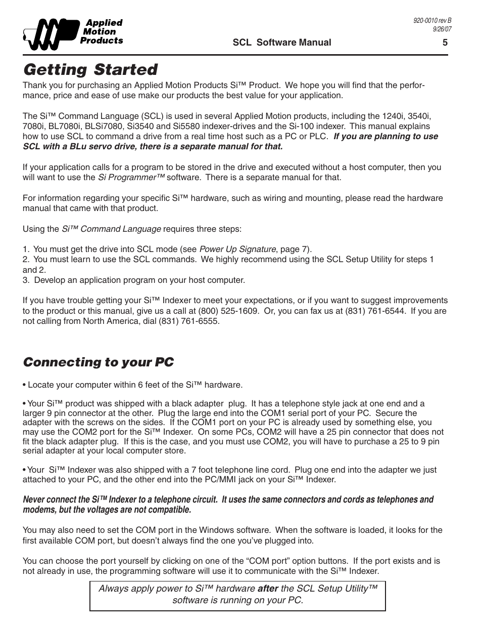 Getting started, Connecting to your pc | Applied Motion 1240i User Manual | Page 5 / 23