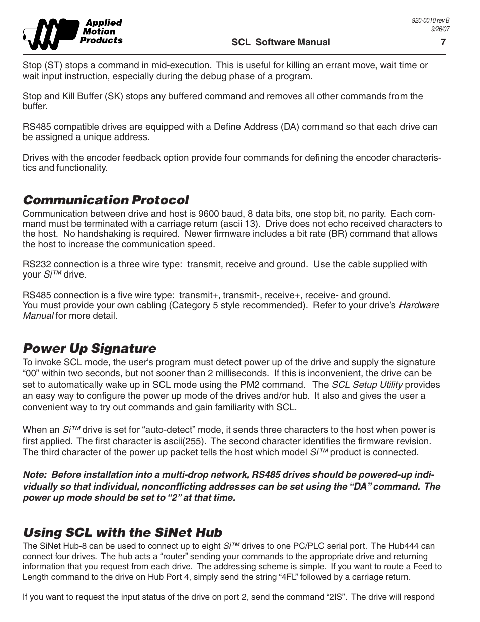 Communication protocol, Power up signature, Using scl with the sinet hub | Applied Motion 1240i User Manual | Page 7 / 23