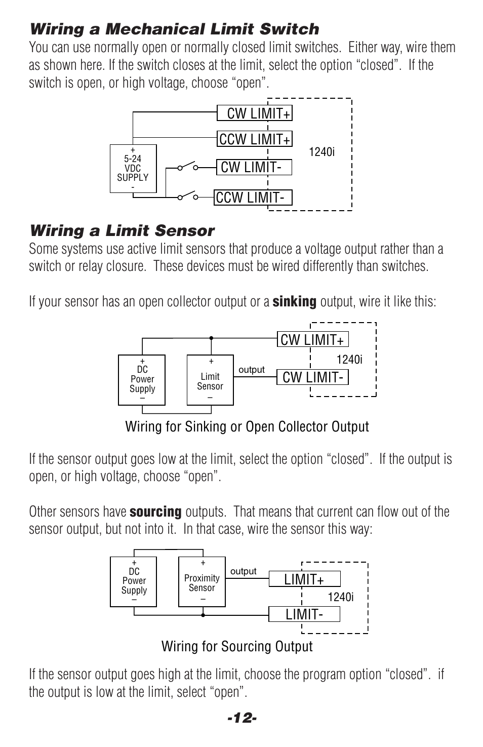 Wiring a mechanical limit switch, Wiring a limit sensor, Ccw limit+ ccw limit- cw limit | Cw limit, Limit, Limit+ wiring for sourcing output | Applied Motion 1240i-485 User Manual | Page 12 / 20