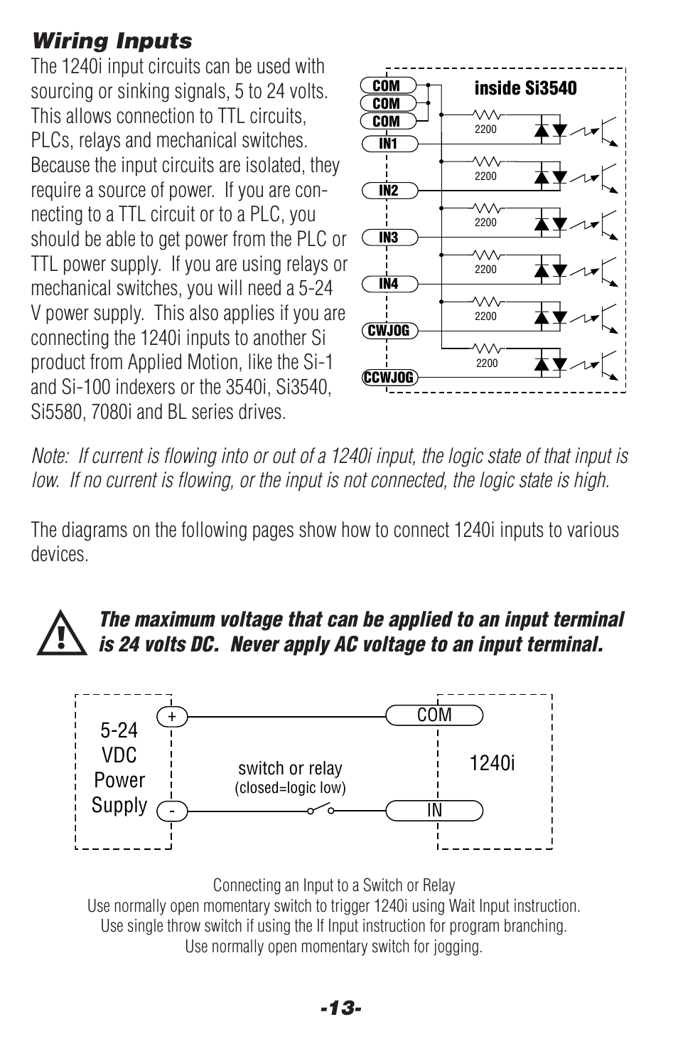 Wiring inputs | Applied Motion 1240i-485 User Manual | Page 13 / 20