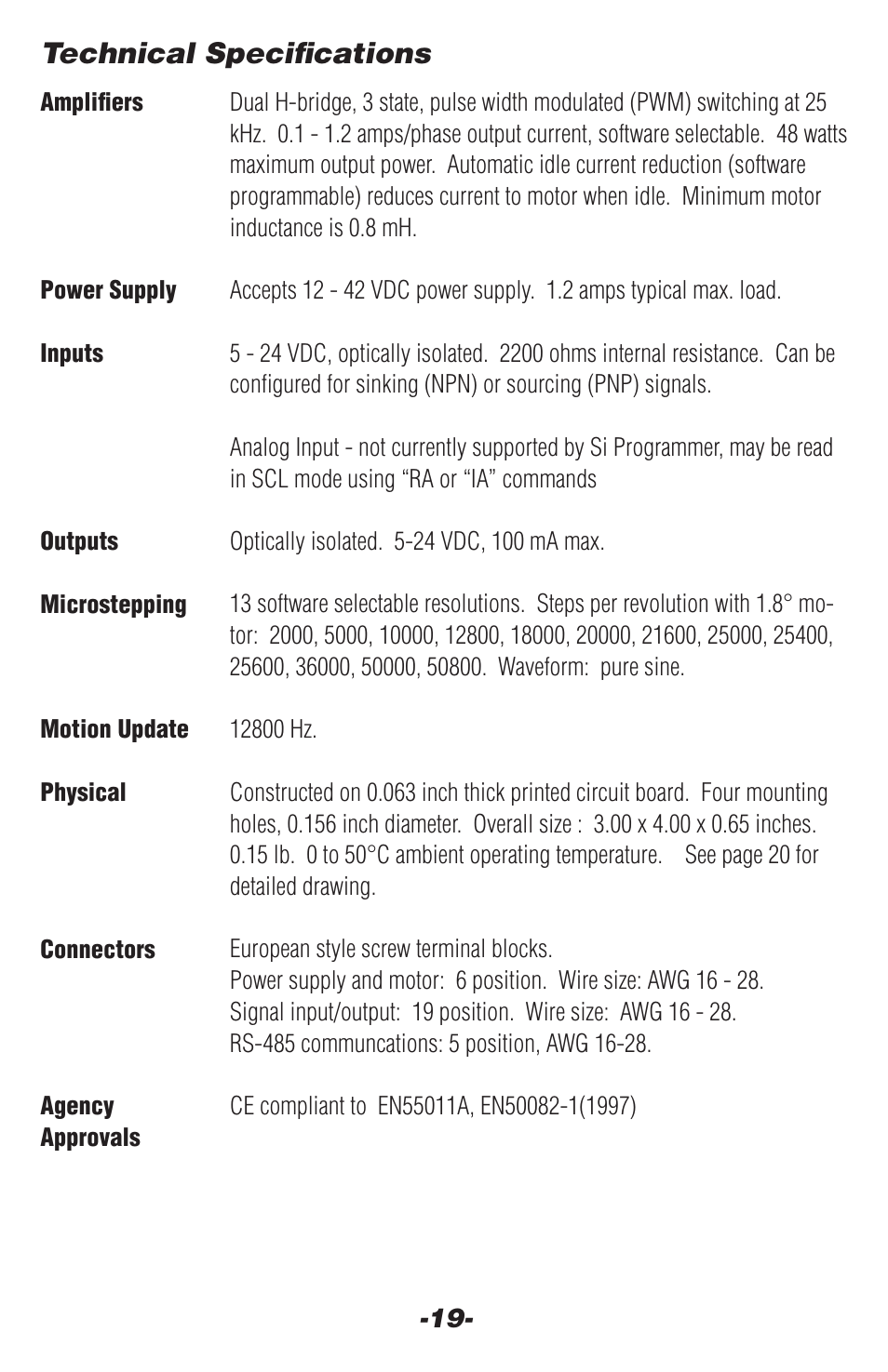 Technical specifications | Applied Motion 1240i-485 User Manual | Page 19 / 20