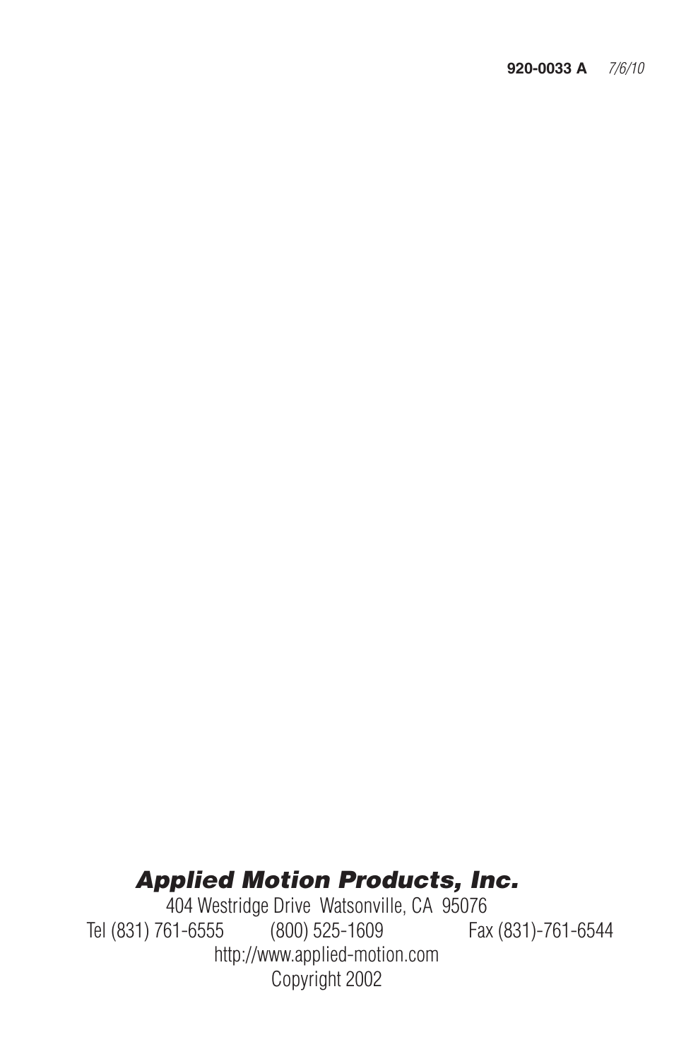 Applied motion products, inc | Applied Motion 1240i-485 User Manual | Page 20 / 20