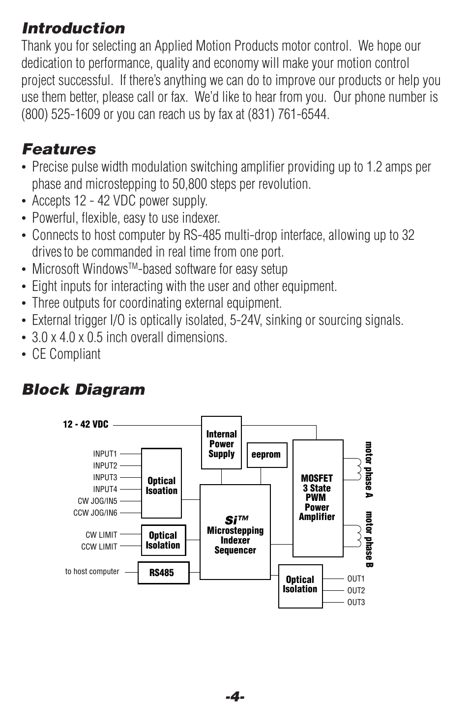 Introduction, Features, Block diagram | Applied Motion 1240i-485 User Manual | Page 4 / 20