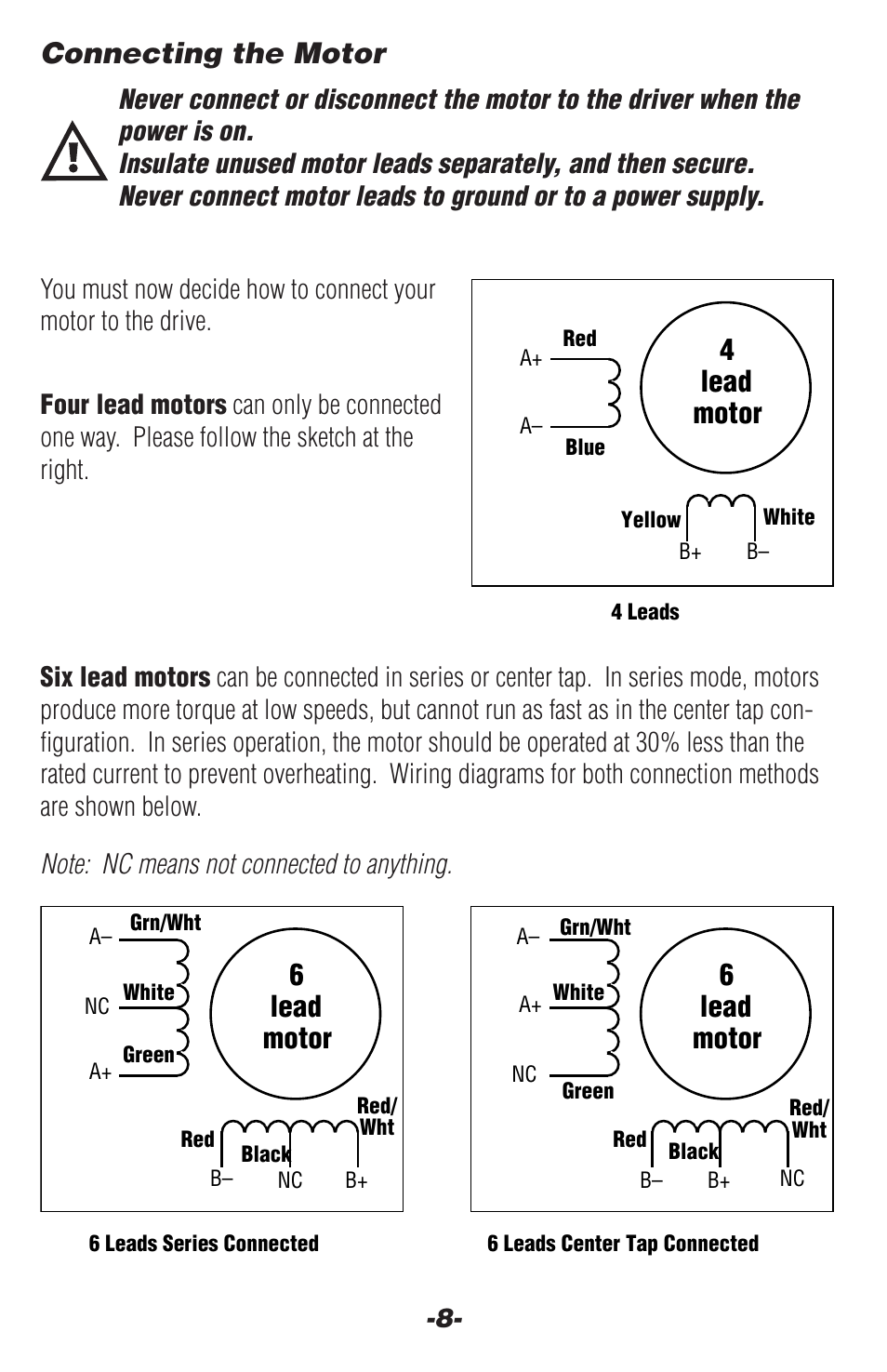 Connecting the motor, 4lead motor, 6lead motor | Applied Motion 1240i-485 User Manual | Page 8 / 20