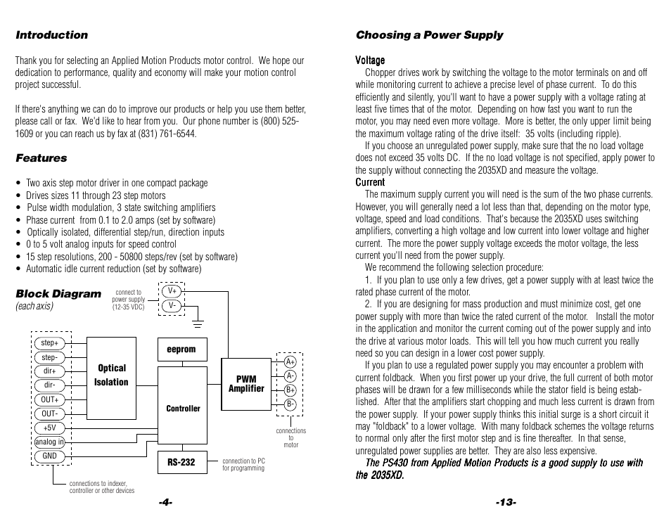 Introduction, Features, Block diagram | Introduction features block diagram, Choosing a power supply | Applied Motion 2035XD User Manual | Page 4 / 8