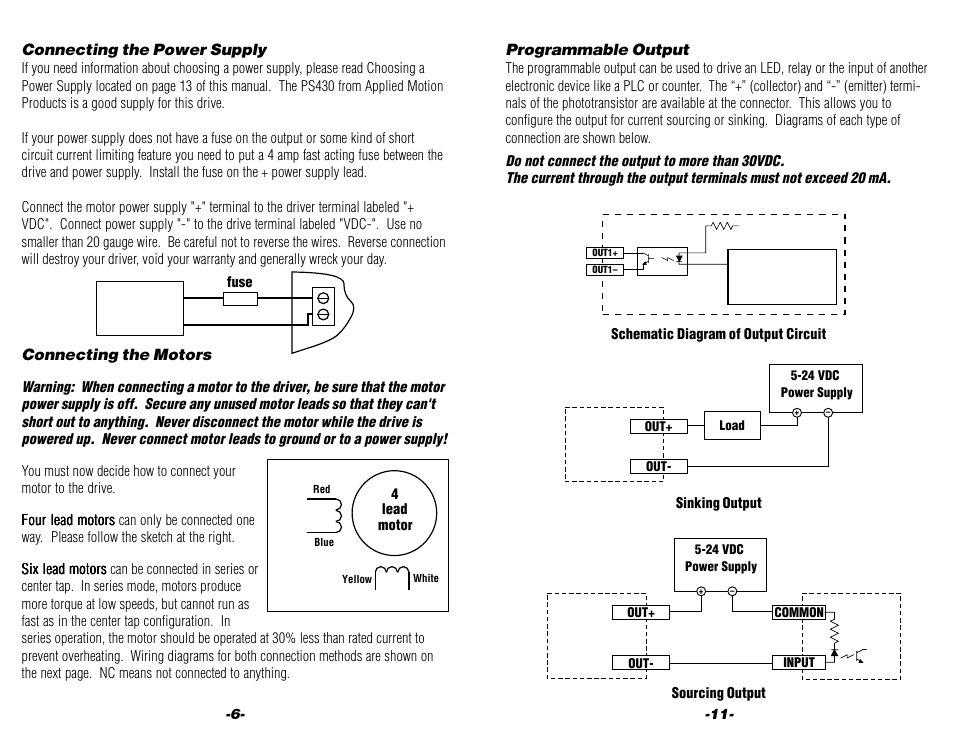 Connecting the power supply, Connecting the motors, Connecting the power supply connecting the motors | Programmable output, 2035xd | Applied Motion 2035XD User Manual | Page 6 / 8