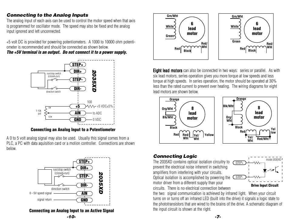 Connecting logic, Connecting to the analog inputs, 2035xd | Applied Motion 2035XD User Manual | Page 7 / 8