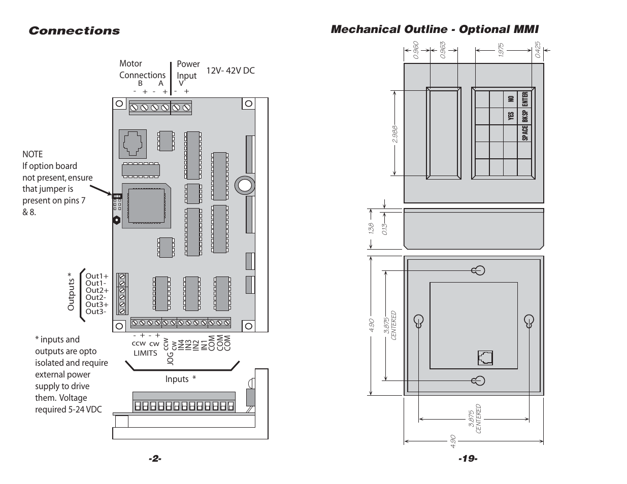 Mechanical outline - optional mmi, Connections | Applied Motion 3540i User Manual | Page 2 / 14