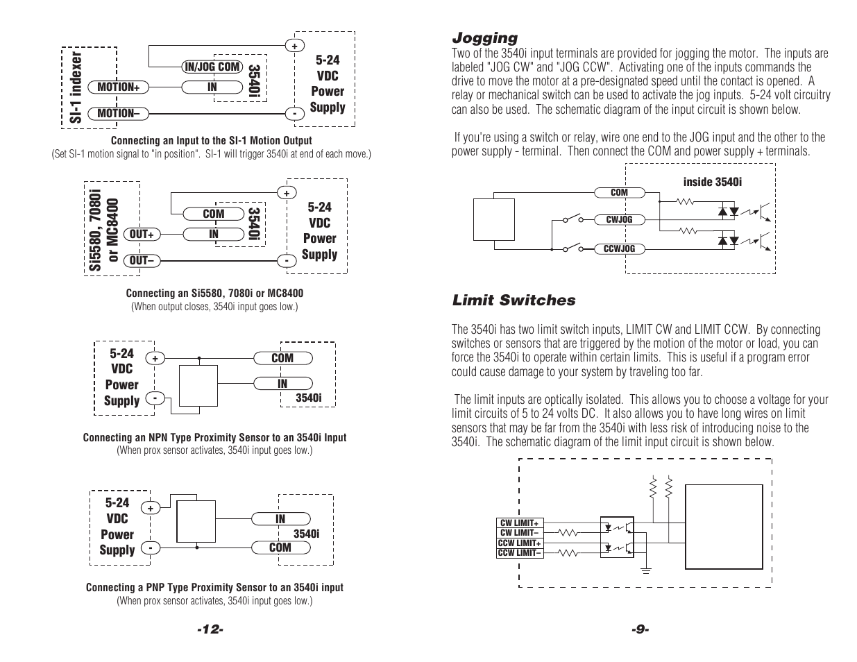 Limit switches, Jogging, 3540i | Si-1 indexer | Applied Motion 3540i User Manual | Page 9 / 14