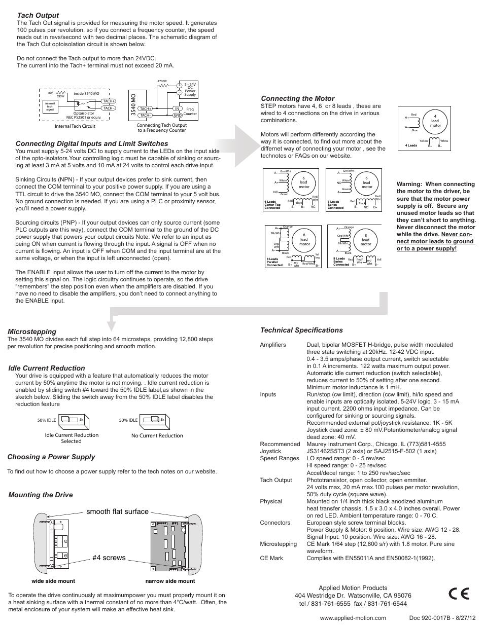 Choosing a power supply, Mounting the drive, Smooth flat surface #4 screws | Technical specifications, Idle current reduction, Microstepping, Connecting the motor, Tach output, Connecting digital inputs and limit switches | Applied Motion 3540MO User Manual | Page 2 / 2