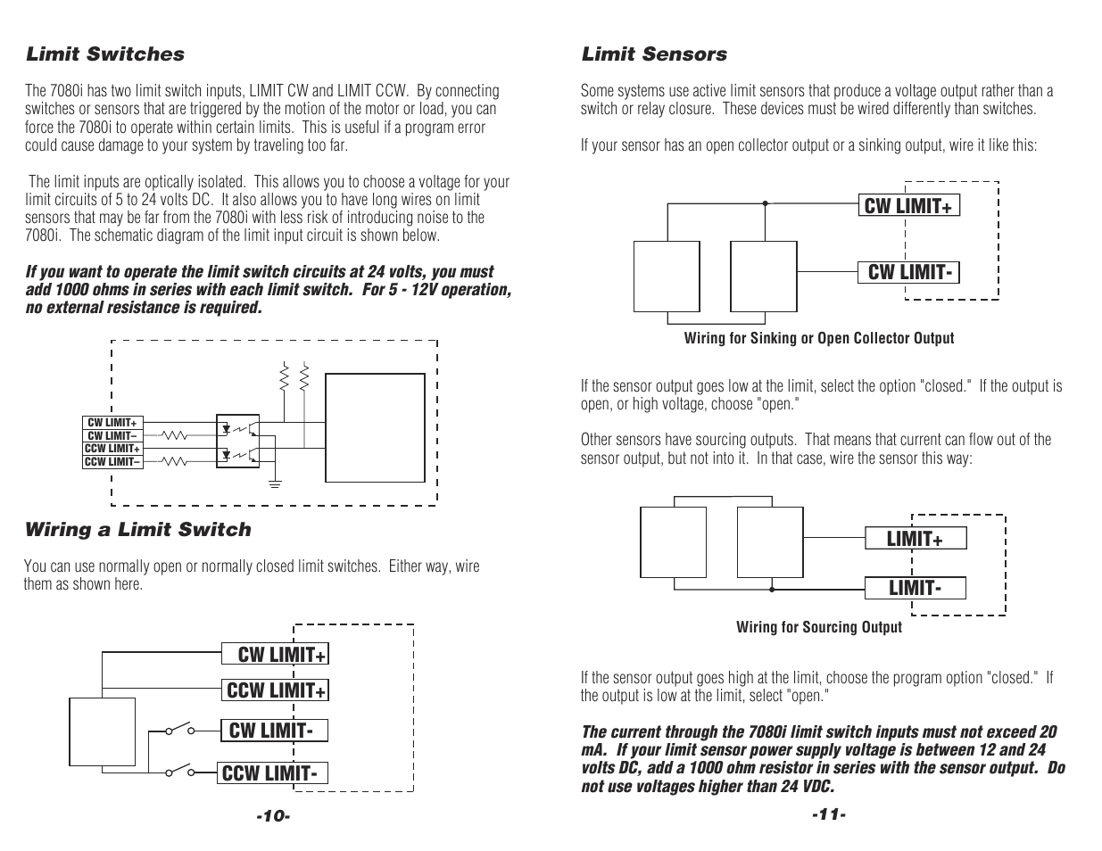 Cw limit, Ccw limit+ ccw limit- cw limit, Limit | Limit switches, Wiring a limit switch, Limit sensors | Applied Motion 7080i User Manual | Page 10 / 10