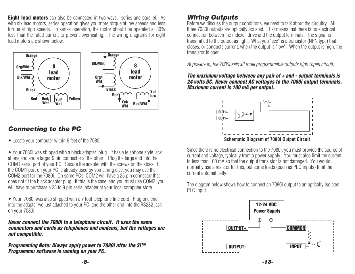 Wiring outputs, 7080i, Connecting to the pc | Applied Motion 7080i User Manual | Page 8 / 10