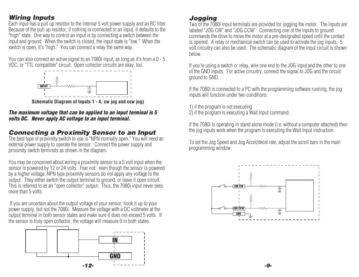 Wiring inputs, Connecting a proximity sensor to an input, Jogging | 7080i | Applied Motion 7080i User Manual | Page 9 / 10