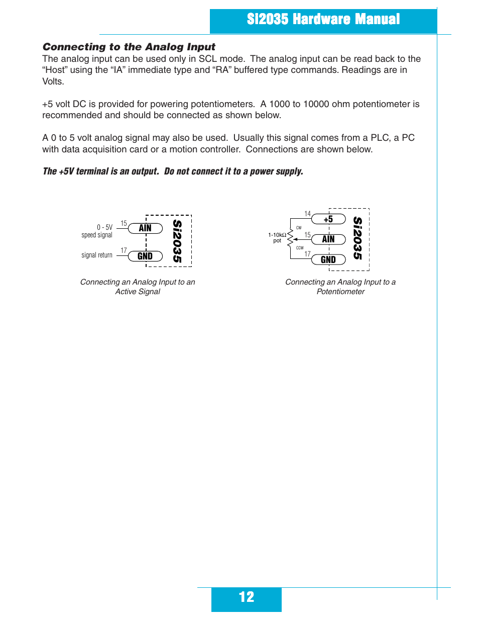 Connecting to the analog input | Applied Motion Si2035 User Manual | Page 12 / 18