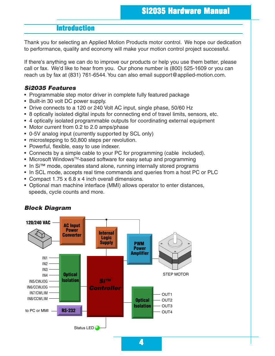 Introduction, Si2035 features block diagram | Applied Motion Si2035 User Manual | Page 4 / 18