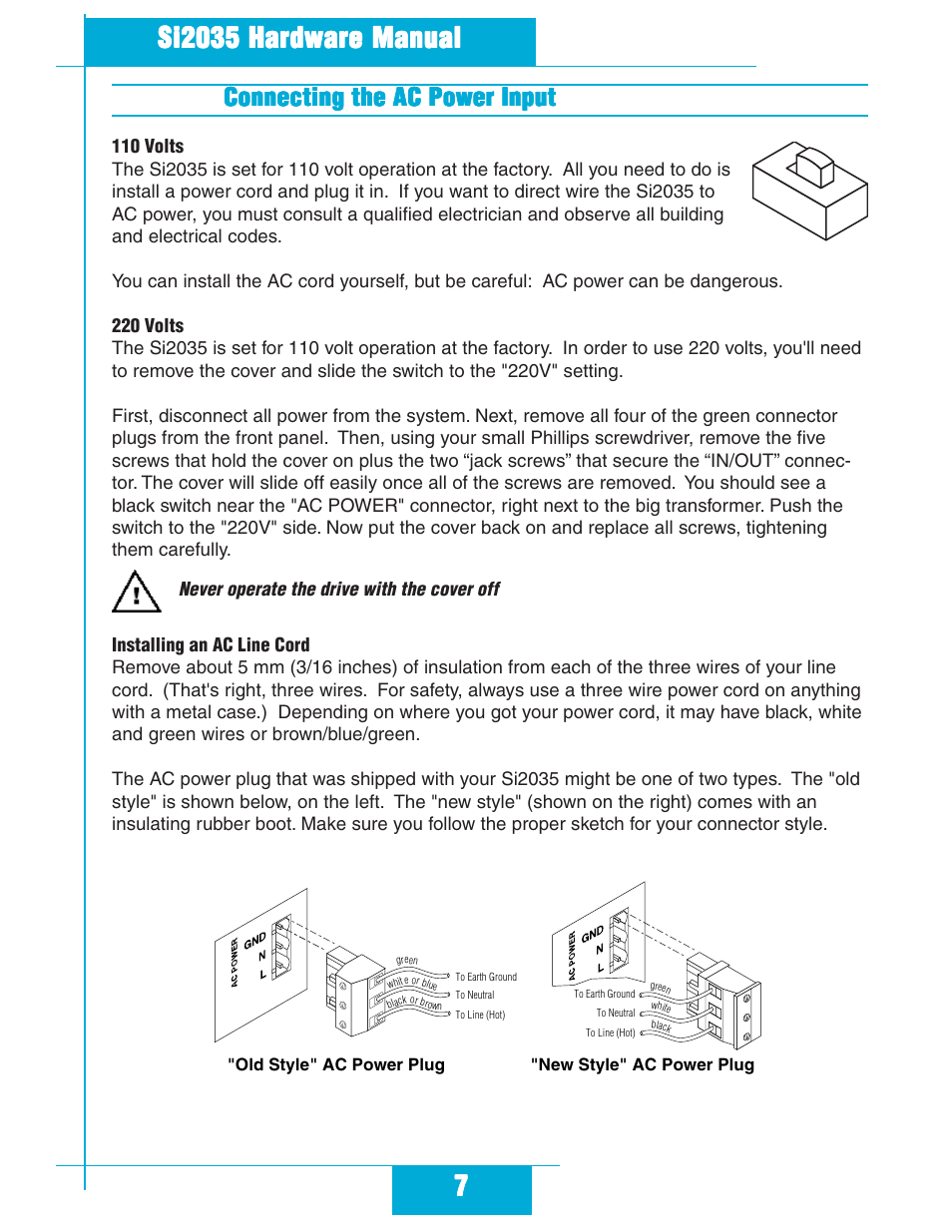 Connecting the ac power input, 110 volts 220 volts installing an ac line cord | Applied Motion Si2035 User Manual | Page 7 / 18