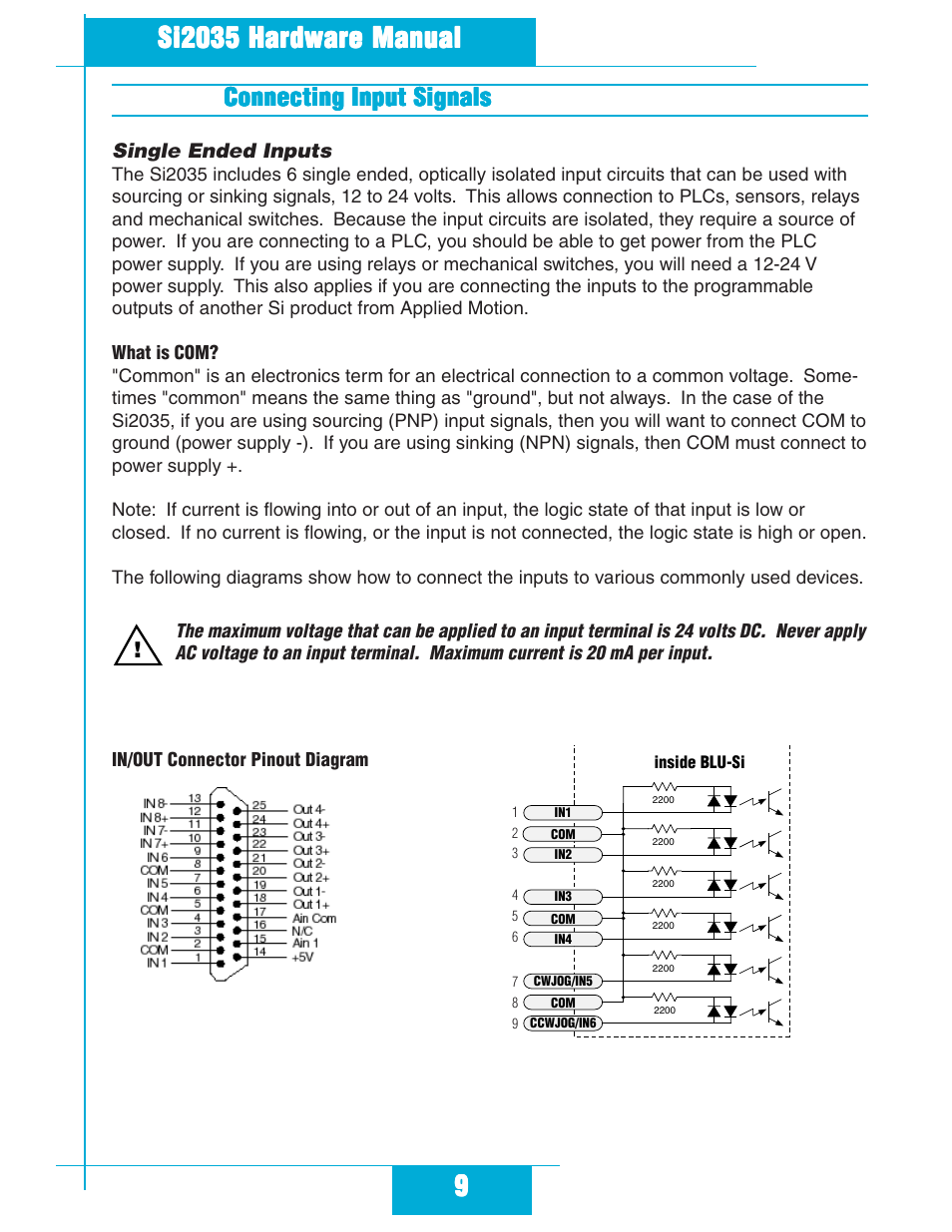 Connecting input signals, Single ended inputs, What is com? in/out connector pinout diagram | Applied Motion Si2035 User Manual | Page 9 / 18