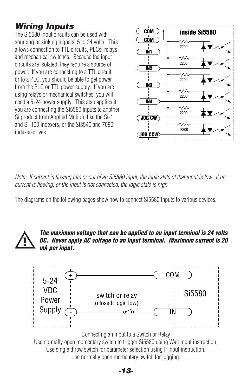 Wiring inputs, Si5580, 24 vdc power supply | Applied Motion Si5580 User Manual | Page 13 / 24