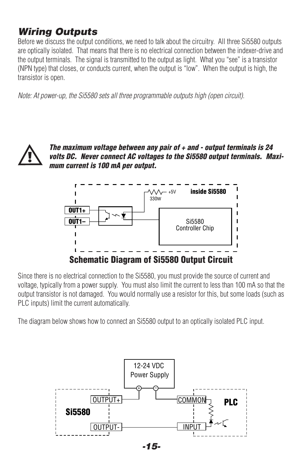 Wiring outputs, Schematic diagram of si5580 output circuit plc, Si5580 | Applied Motion Si5580 User Manual | Page 15 / 24