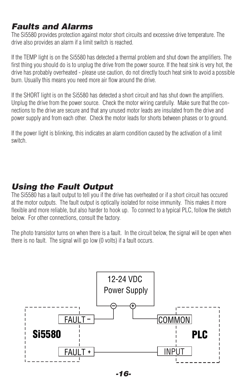 Faults and alarms, Using the fault output, Si5580 | Common input, Fault, Fault 12-24 vdc power supply | Applied Motion Si5580 User Manual | Page 16 / 24